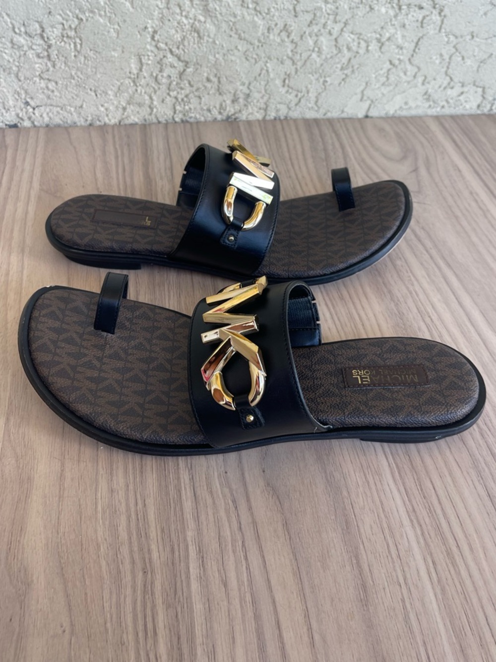 Michael Kors Black Slides with Gold MK Emblem - Picture 12 of 13